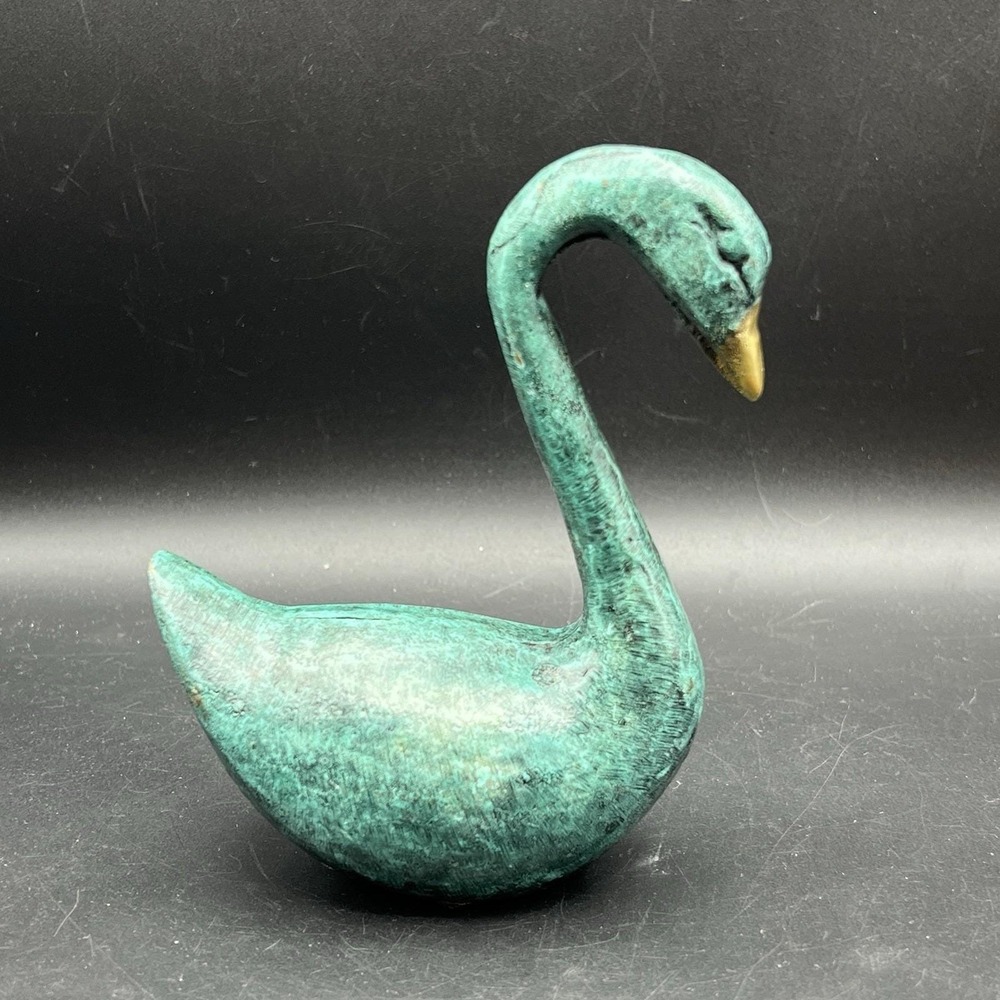 Vintage Verdigris Brass Swan Bird Blue Green Gold Decor Heavy 5"